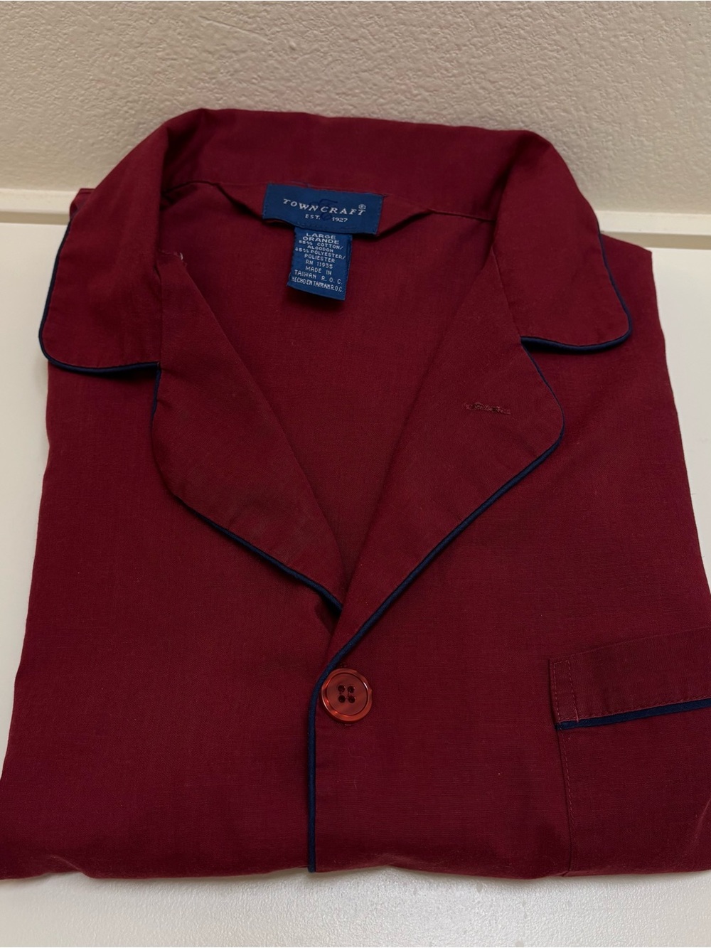 Towncraft Men's Burgundy Pajama Top with Navy Piping